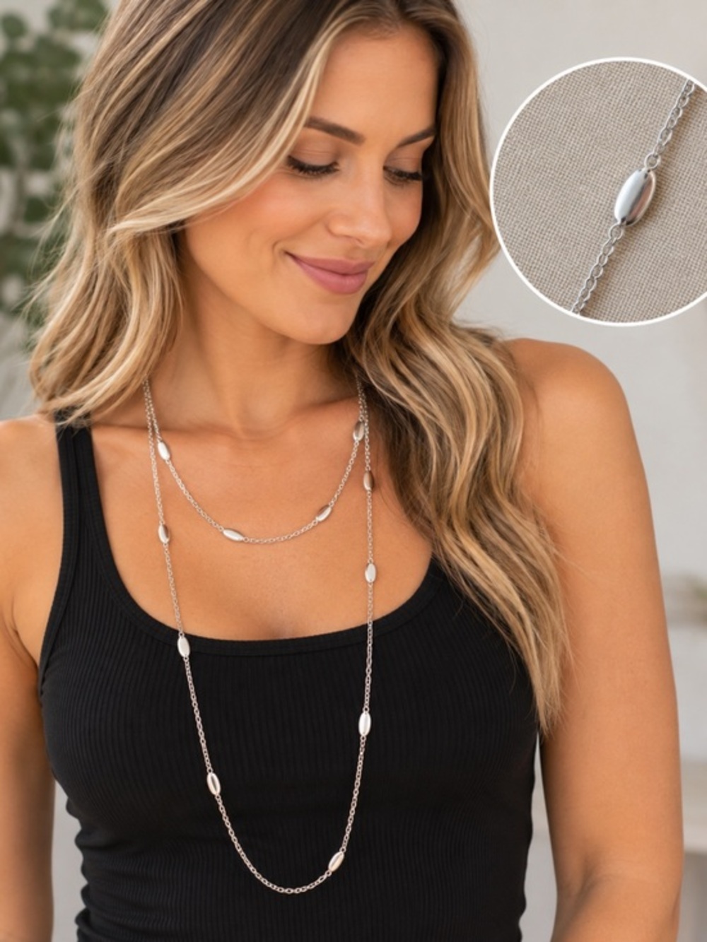 Silver Tone Long Layering Necklace Delicate Oval Beaded Chain